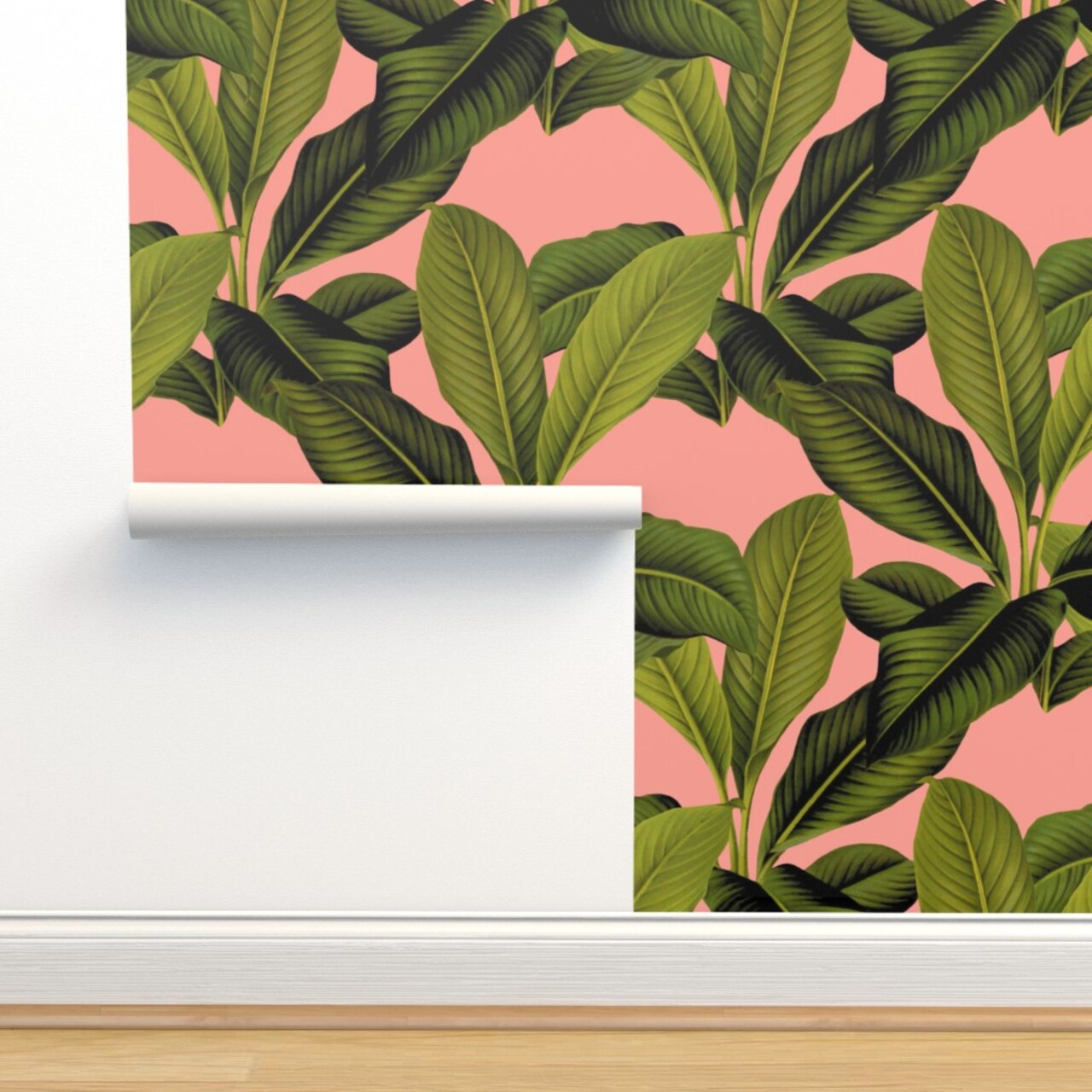 Tropical Botanical Coral Pink Palm Leaves Green Tree Banana Leaf Custom Pre-pasted Wallpaper by Spoonflower Pre-Pasted Wallpaper 2FT Wide